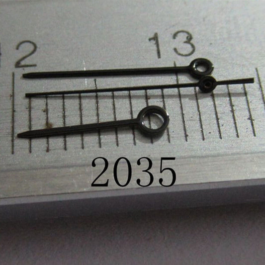 Black painted needle shape watch hands set for Miyota 2035 series, precise fit accessory.