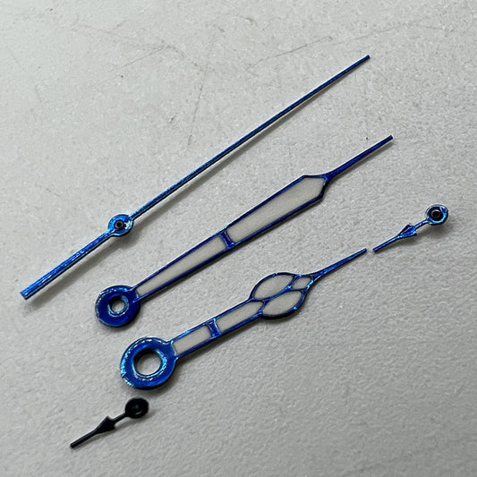 Blue-trimmed green lume watch hands for Miyota OS10 0S10 movement, precise fit for watch repair.