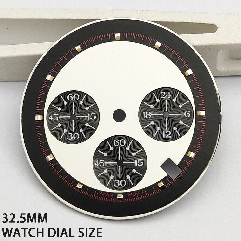 Green Lume 32.5mm black and white timed lap watch dial for VK63 quartz movement timing accuracy