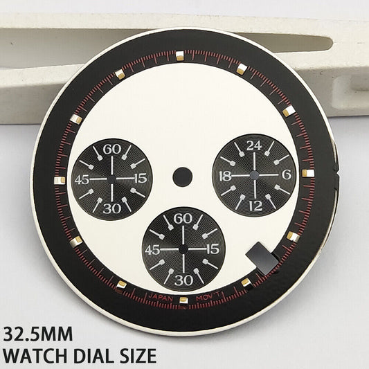 Green Lume 32.5mm black and white timed lap watch dial for VK63 quartz movement timing accuracy