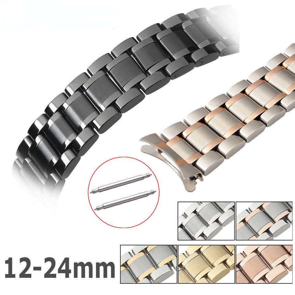 Curved end steel watch band 12-24mm with butterfly clasp, durable strap for elegant timepieces.