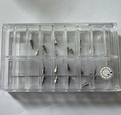 Set of 26 classical stainless steel chronograph watch pushers, screw-in type for precise button replacement.