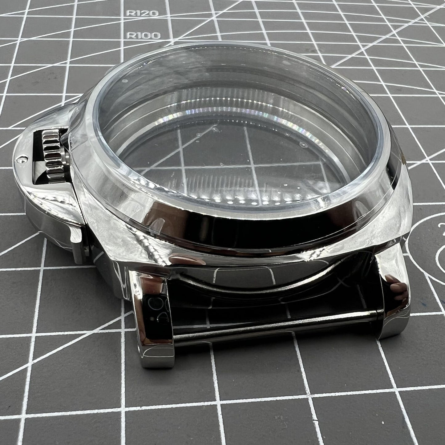 Polished 44MM stainless steel watch case, compatible with ETA6497/6498 and ST3600/ST3620 movements, perfect for custom watch builds.