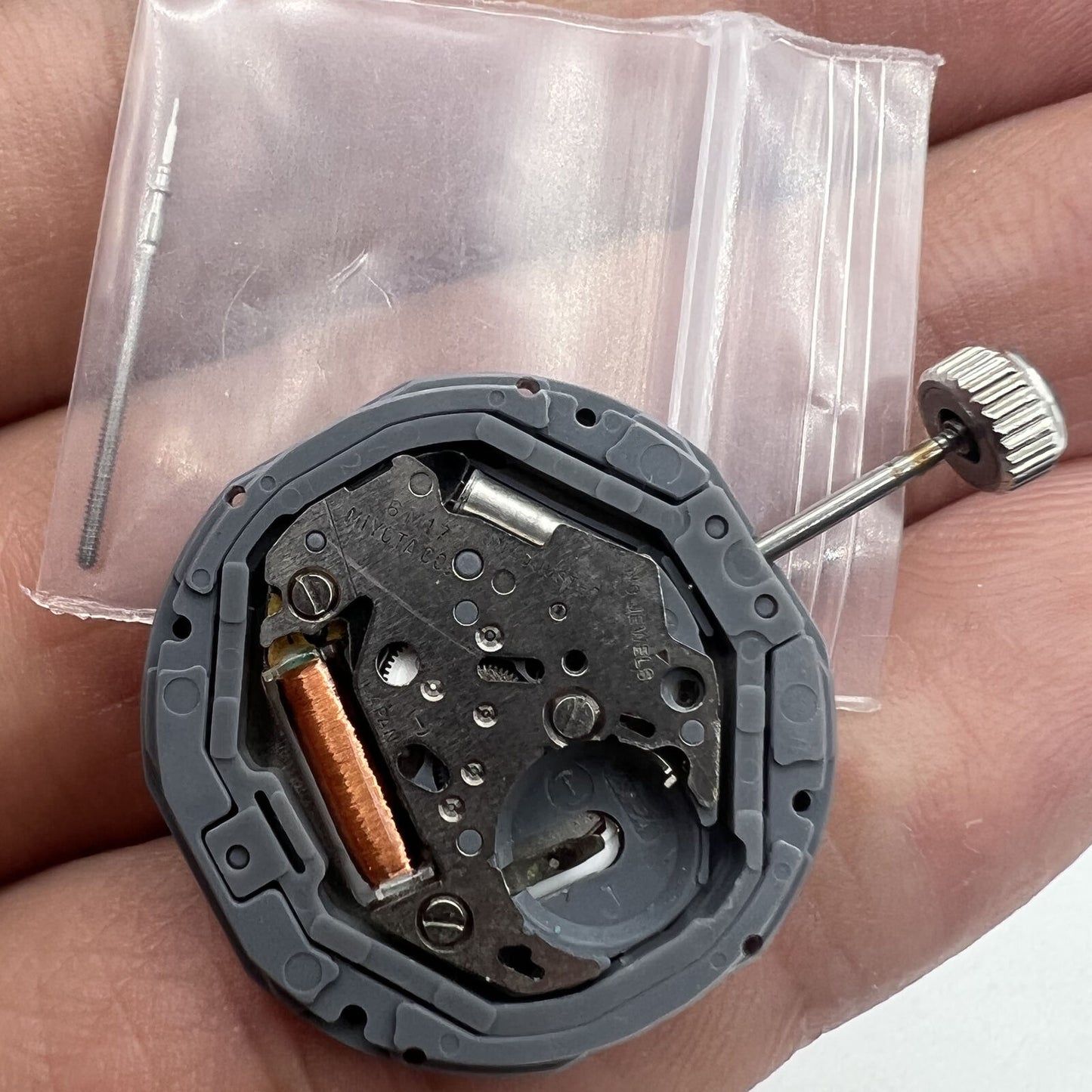 Miyota 6M17 quartz watch movement with 3 hands, Japanese precision for reliable watch repairs.
