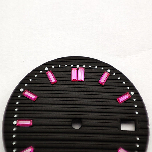 Pink imitation gemstone nail black watch dial, 29.8mm for NH35 movement