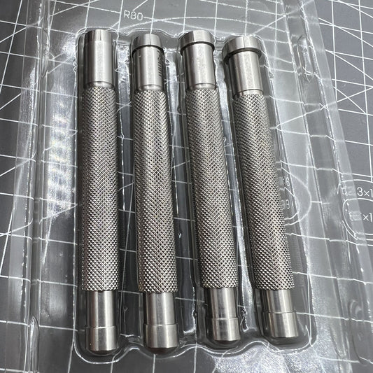Set of 4 stainless steel watch crown winder tools by BG 30409 for precise watch repairs.