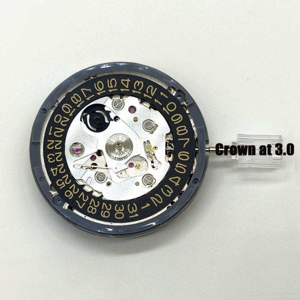NH35A automatic mechanical movement with gold date display and crown at 3 o'clock, fits SKX007 watches.