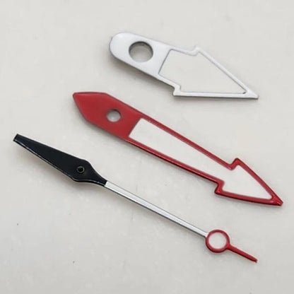 Red and white luminous arrow watch hands for NH35 NH36 movement, improving readability and design.