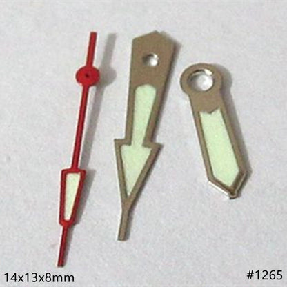 Silver-trimmed 14mm green lume watch hands set for Miyota 2035, precision-crafted for clear time reading.