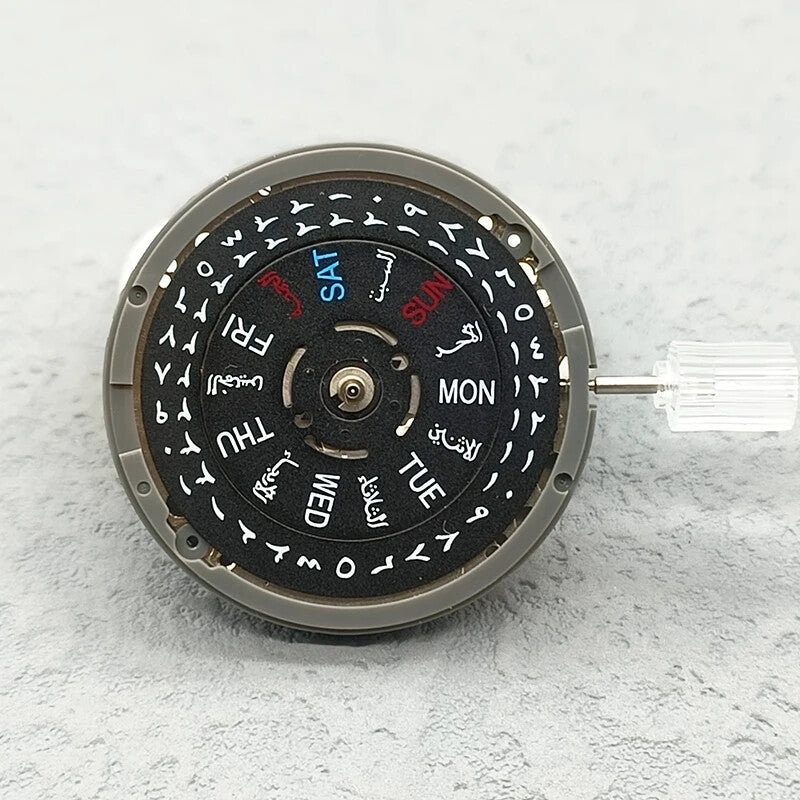 Japanese NH36 automatic watch movement with black Arabic date dial and crown at 3.8, precision timekeeping by Seiko