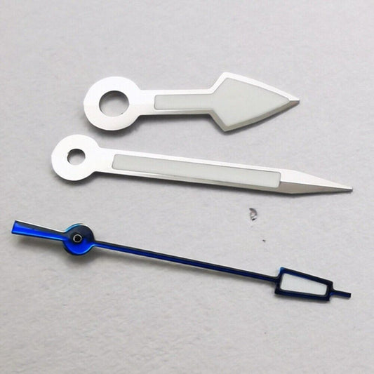 Arrow-shaped silver trim watch hands with blue second hand and green lume, compatible with NH35 NH36 movements.