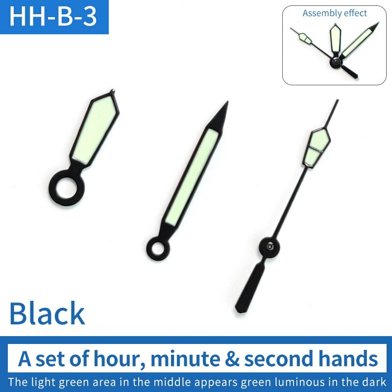 Luminous green watch hands set for NH35/NH36 movement, ideal for watch repair precision.
