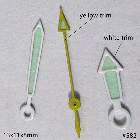 13mm Hollow White+Yellow Trim Green Lume Watch Hands Set for Miyota 2035 2115