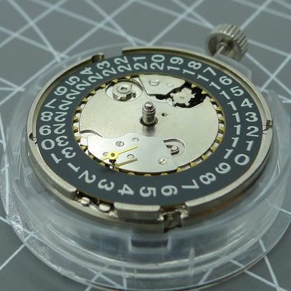 Black Seagull ST2555 automatic watch movement showing second hand at 9H, perlage finish, and big date display.