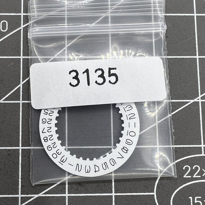 Vintage style white date disk wheel with numeral font for RLX 3135 watch movement, precise replacement part.