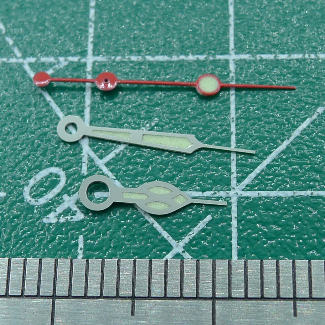 Green lume watch hands with silver trim, 12.5mm for NH35 NH36 movements, Seiko-compatible repair parts.