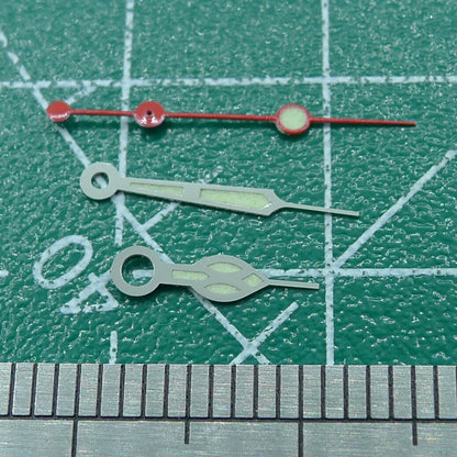 Green lume watch hands with silver trim, 12.5mm for NH35 NH36 movements, Seiko-compatible repair parts.