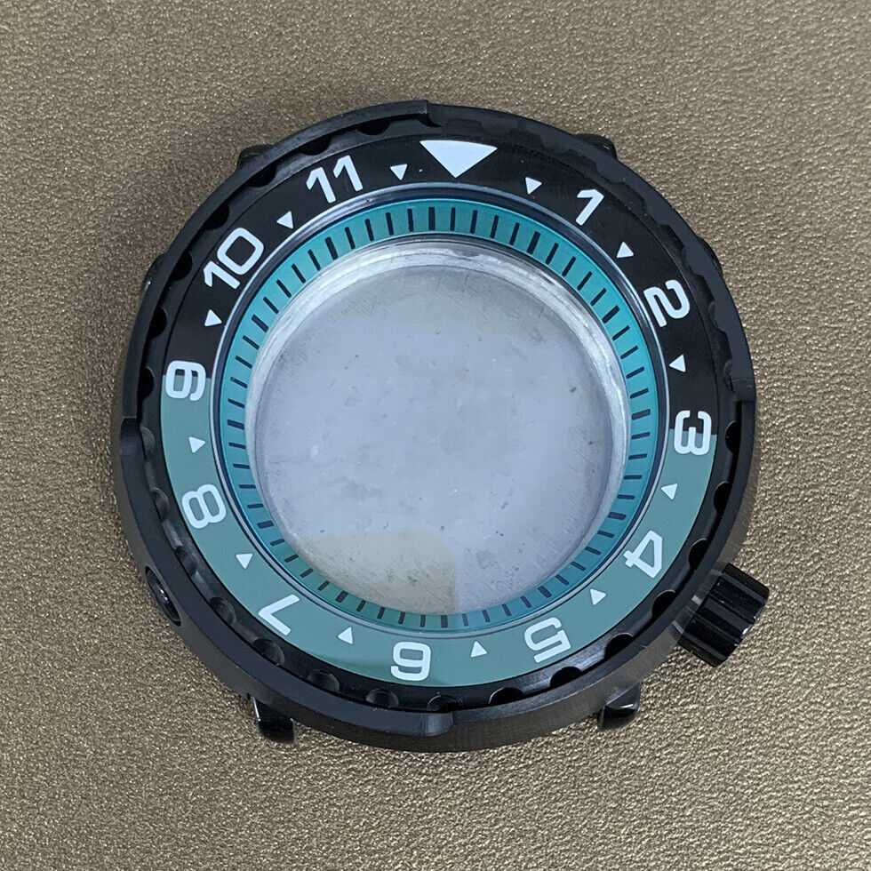 45mm PVD black stainless steel watch case with ceramic ring and mineral glass, compatible with NH35 movement.