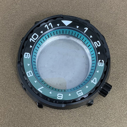 45mm PVD black stainless steel watch case with ceramic ring and mineral glass, compatible with NH35 movement.