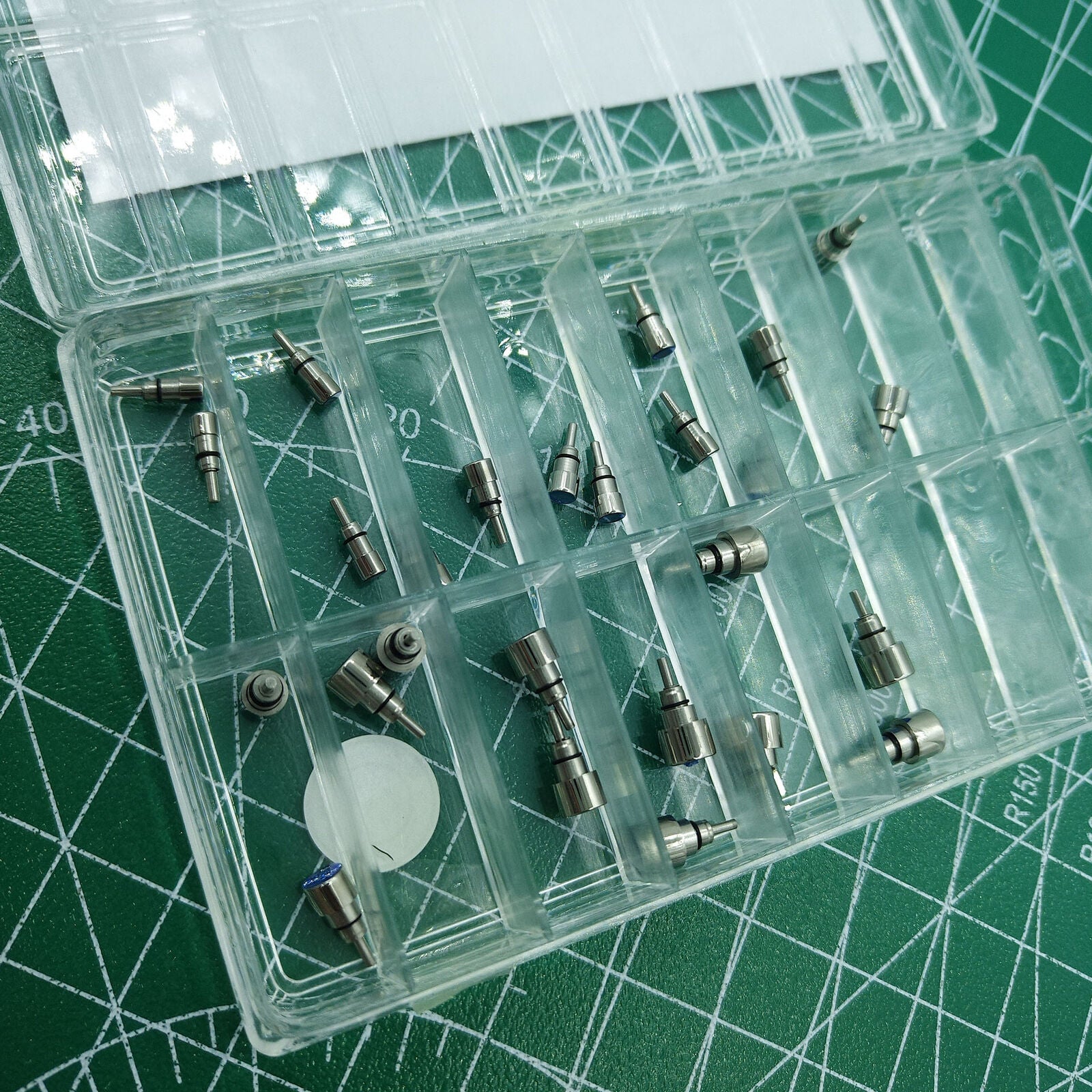 26-piece stainless steel chronograph screw-in pushers for watch repairs and upgrades.