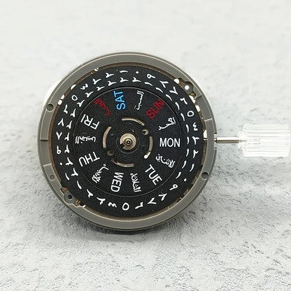 Seiko NH36 automatic watch movement with black Arabic date dial and crown at 3:08 position for precise timekeeping