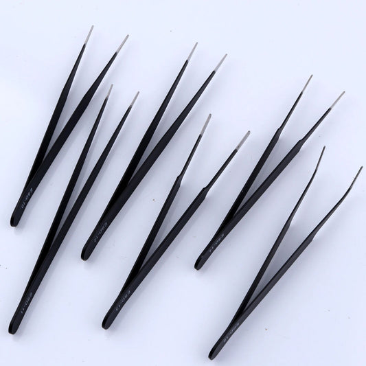 Set of 6 anti-static stainless steel black plating tweezers in PVC bag, ideal for watch and jewelry repair.