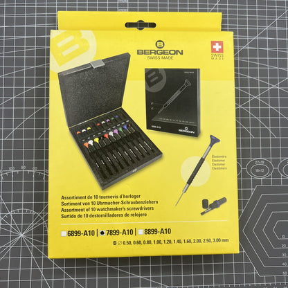 Bergeon 7899-A10 ergonomic screwdrivers set, sizes 0.50-3.00mm in wooden box for watch repair