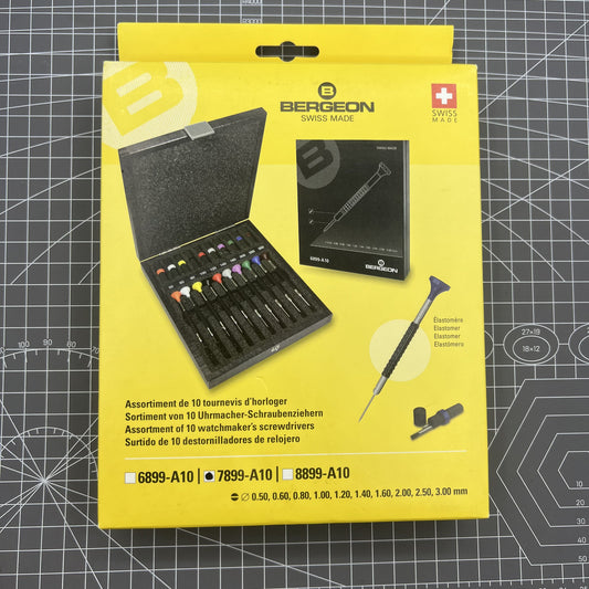 Bergeon 7899-A10 ergonomic screwdrivers set, sizes 0.50-3.00mm in wooden box for watch repair