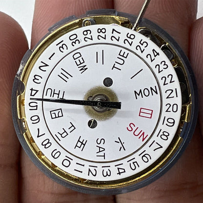 Golden TianJing DG2813 automatic mechanical watch movement showing day and date display, precision craftsmanship.
