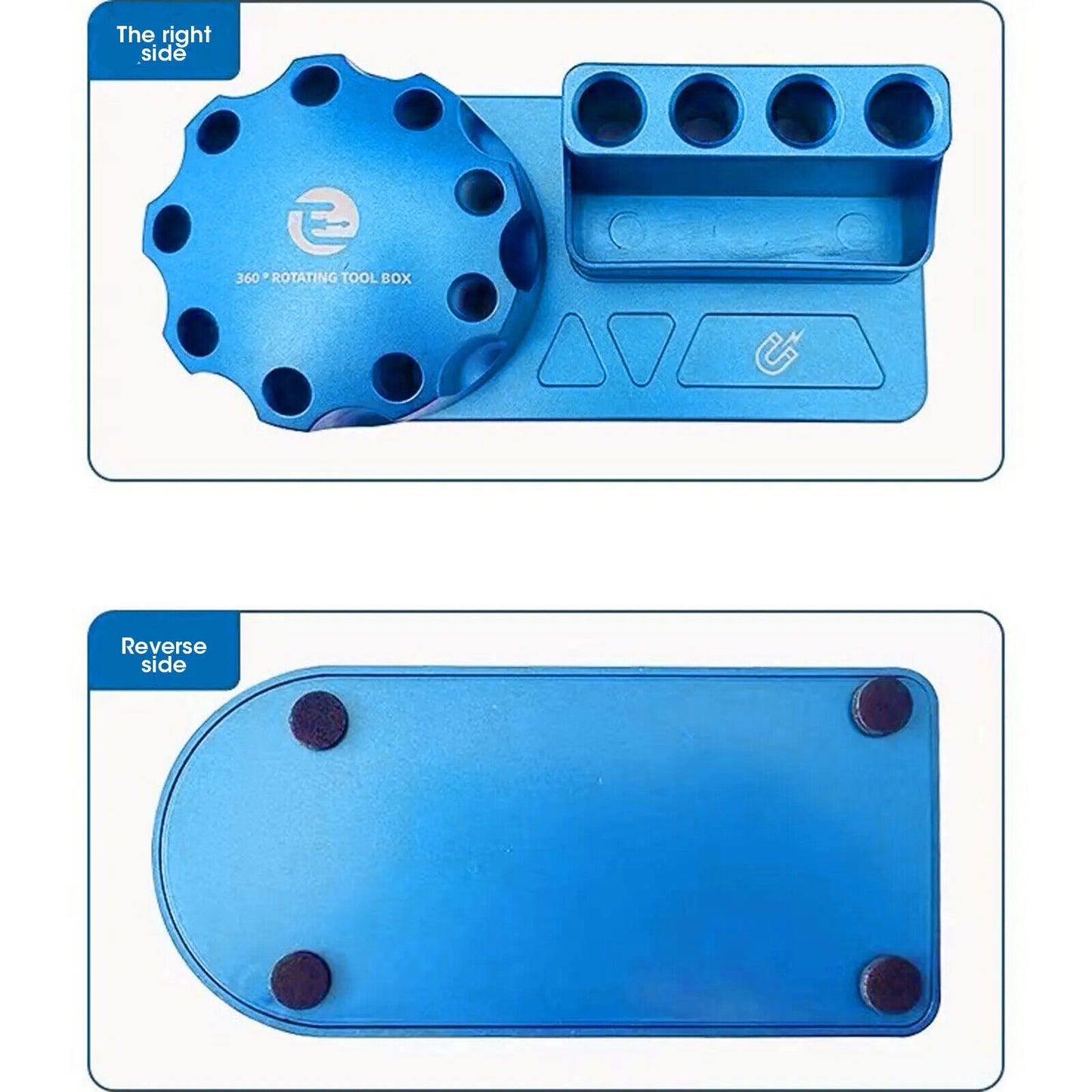 Compact tool storage box with screwdriver, plier, and vice holder for desktop use.