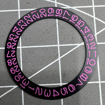 Pink character date disk overlay on black background for NH35 NH36 watches, enhancing dial readability.