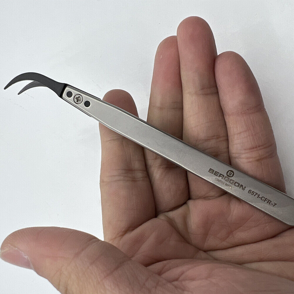 Bergeon 6571-CFR-7 tweezers with CFR 7 replaced ends for precise watch accessory handling.