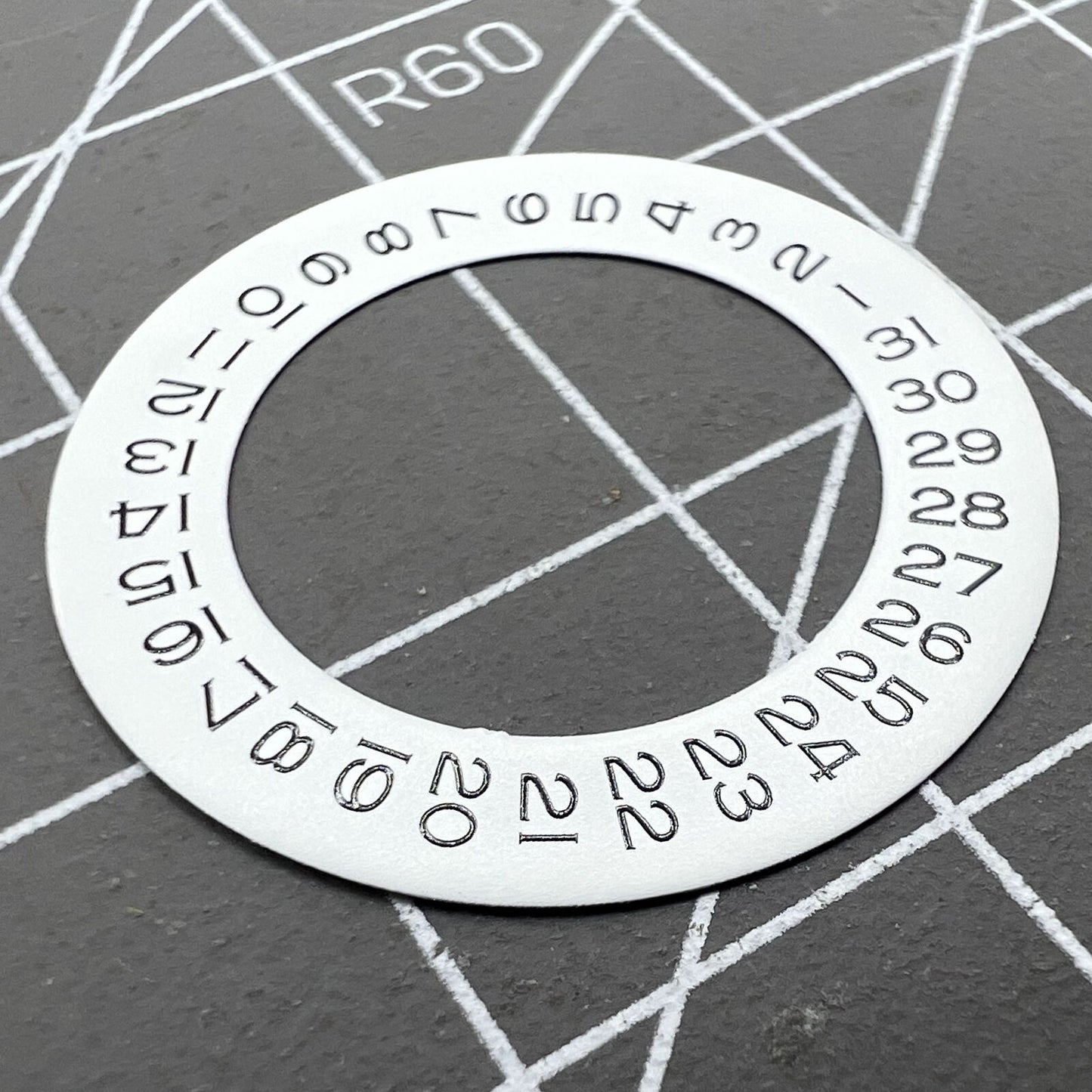 Wide brim white date wheel overlay for ETA 2836 movement with date display at 3 o'clock.