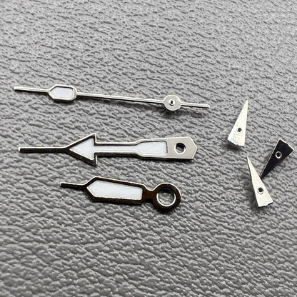 Set of 2 green lume arrow watch hands with silver trim by Miyota for OS10, OS20, OS60, OS80 models.