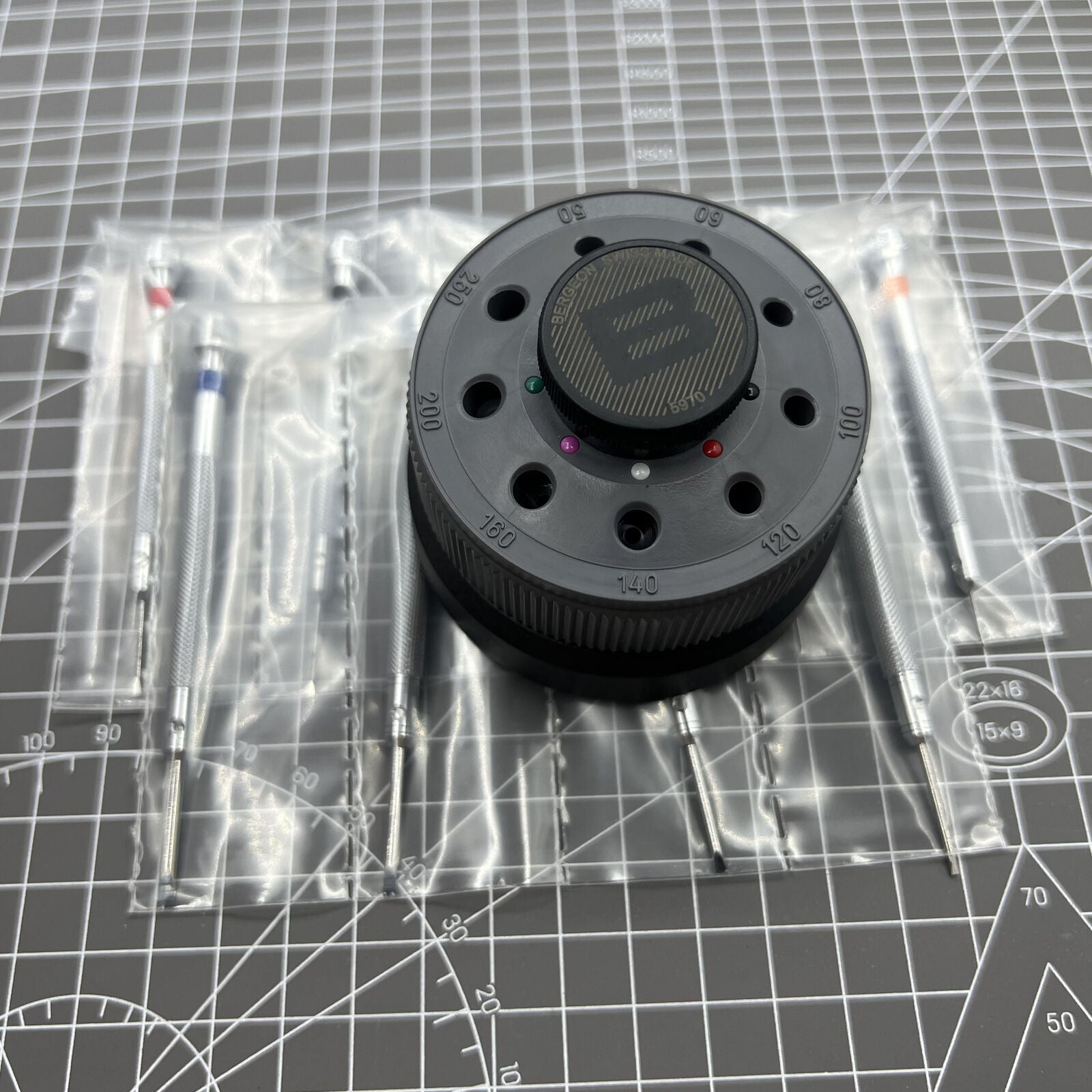 Bergeon 5970 rotating tool set with 9 precision screwdrivers for detailed watch repairs.