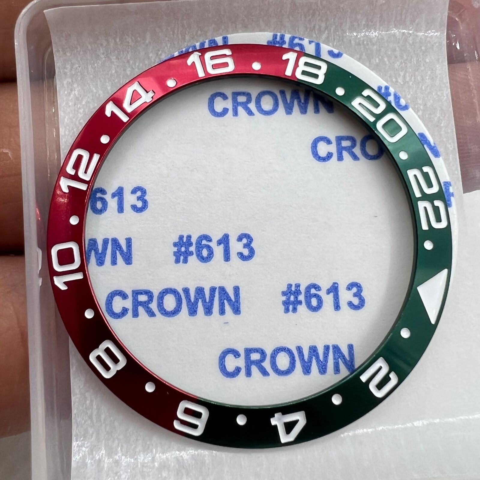38mm green and red GMT bezel insert for RLX watch, aluminum alloy with clear numeral markings.