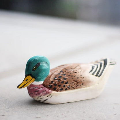 Handmade Male Mallard wooden figurine, detailed decorative artwork for home display.
