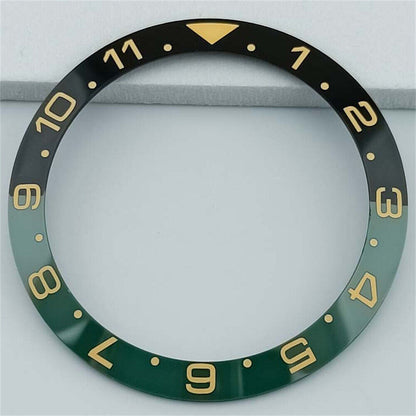 Black and green 38mm ceramic GMT bezel with white and gold font, for SUB watch accessories.