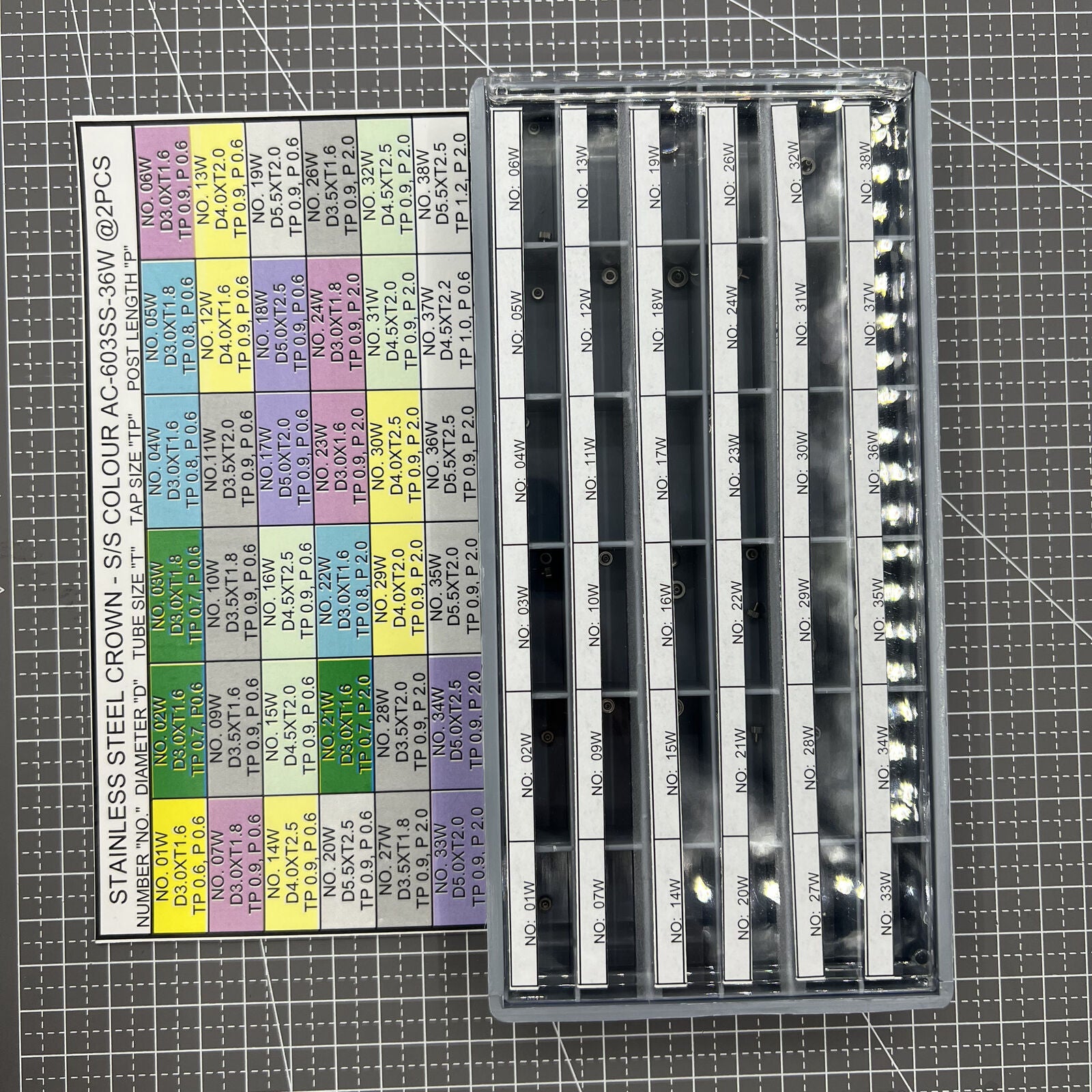 Stainless steel watch crown assortment kit, 72 silver pieces in 36 sizes for watch repairs.