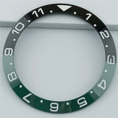 Black and green 38mm ceramic GMT bezel with white and golden font, compatible with SUB watches.