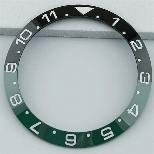 Black and green 38mm ceramic GMT bezel with white and golden font, compatible with SUB watches.