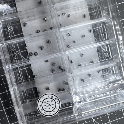 Set of 180 stainless steel mini screws for watch case backs, straight line head design.