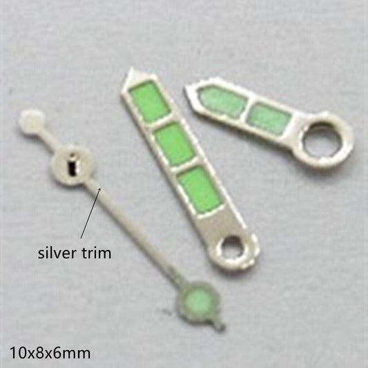 Aiguilles de montre luminescentes vertes argentées de 10 mm pour Miyota 2035, 2115, 2105 et 2305 