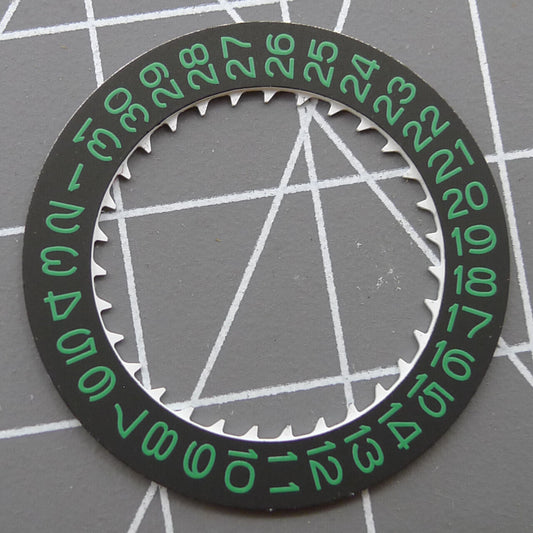 Green font date disk wheel for NH35 watch movement with black background, enhancing readability and style.