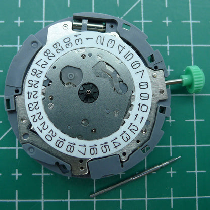 Miyota OS10 quartz watch movement with date at 3 o'clock, reliable Japanese mechanism.