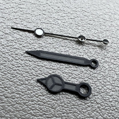 Set of 2 black second watch hands with matte trim and black painted lume for NH35/36.