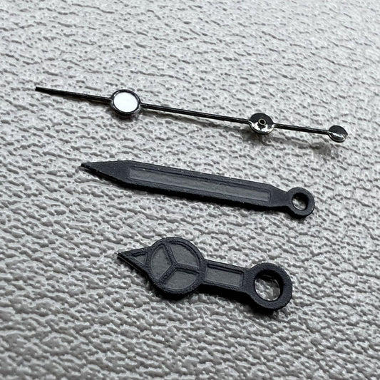 Set of 2 black second watch hands with matte trim and black painted lume for NH35/36.