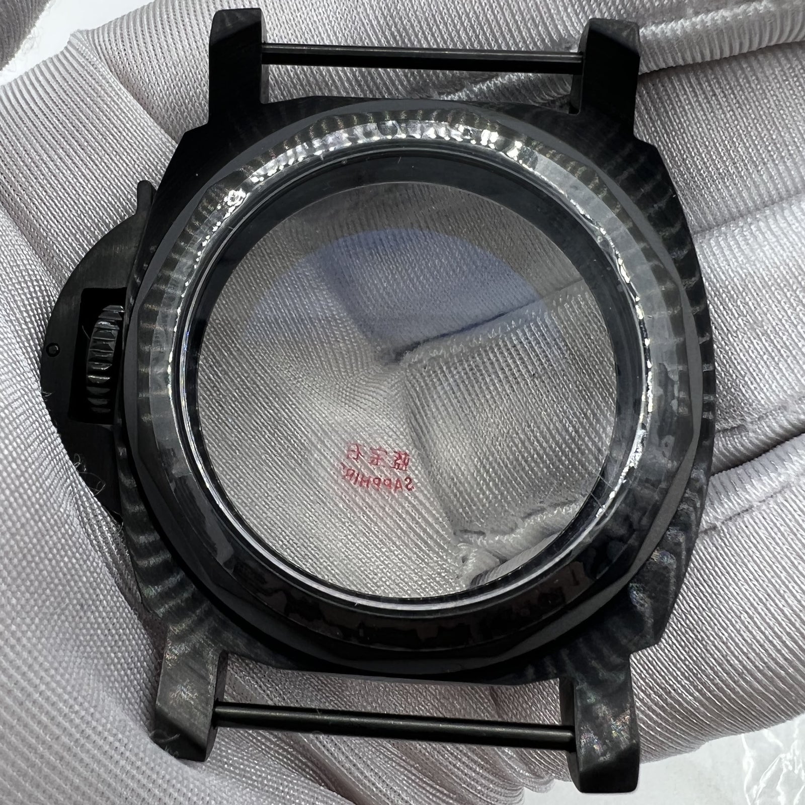 44mm black sapphire watch case, fits Seagull ST3600, ST3621, ETA 6497, 6498 models, durable design.