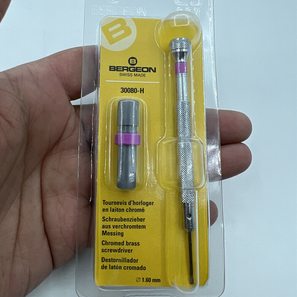 Bergeon 30080-H violet 1.60mm screwdriver with spare blades for precise watch repair tasks.