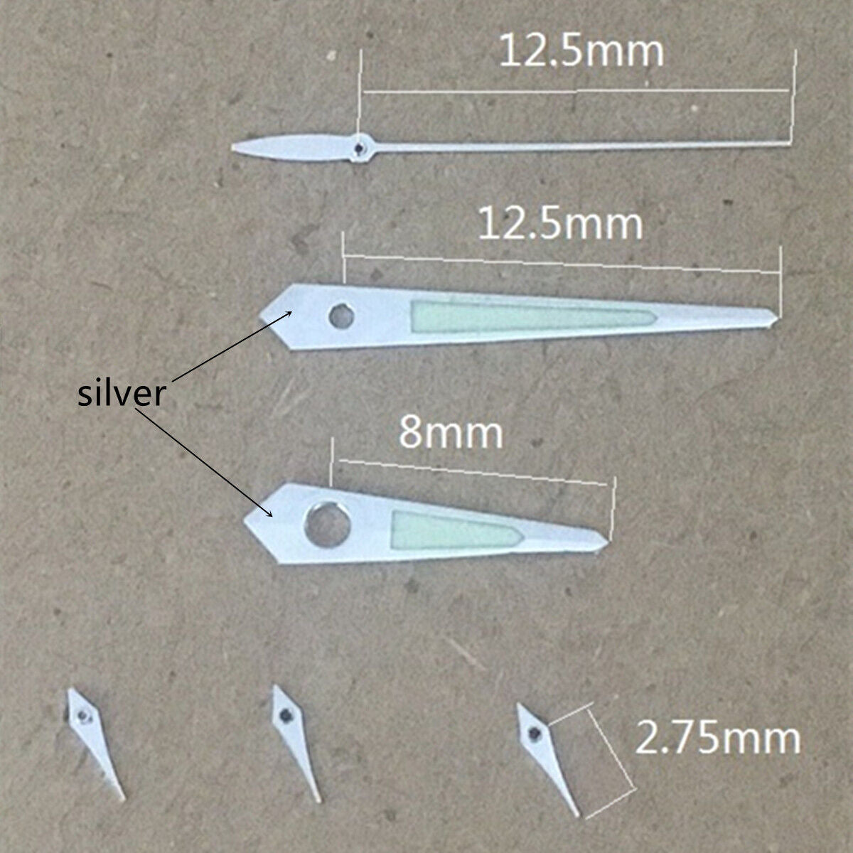 Aiguilles de montre lumineuses vertes de 12,5 mm avec garniture argentée pour Miyota OS10 OS20 OS60 OS80